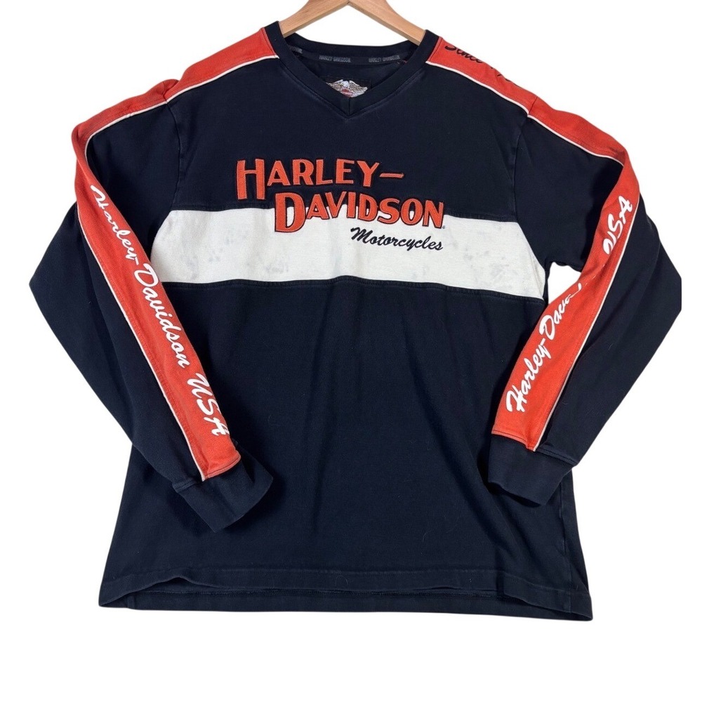 Harley-Davidson Womens Colorblock Embroidered Long Sleeve Shirt Black Orange L